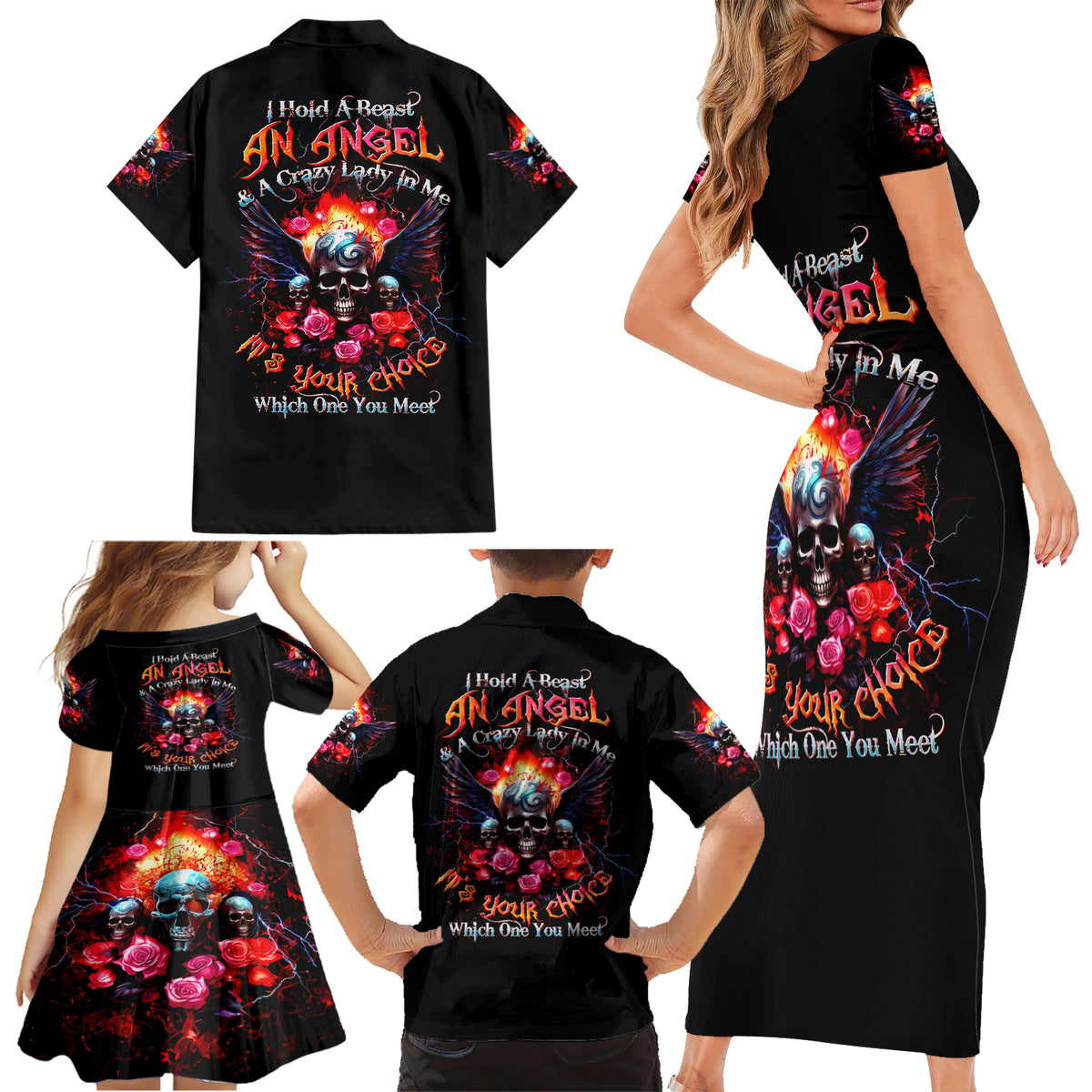 Rose Skull Family Matching Short Sleeve Bodycon Dress and Hawaiian Shirt I Hold A Beast A Angel And A Crazy Lady In Me - Wonder Print Shop