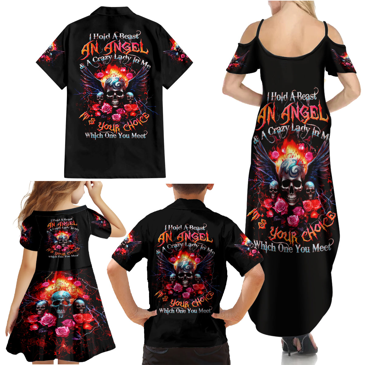 Rose Skull Family Matching Summer Maxi Dress and Hawaiian Shirt I Hold A Beast A Angel And A Crazy Lady In Me - Wonder Print Shop