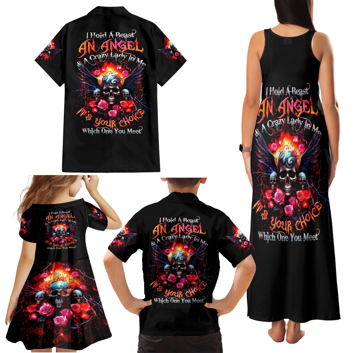 Rose Skull Family Matching Tank Maxi Dress and Hawaiian Shirt I Hold A Beast A Angel And A Crazy Lady In Me - Wonder Print Shop