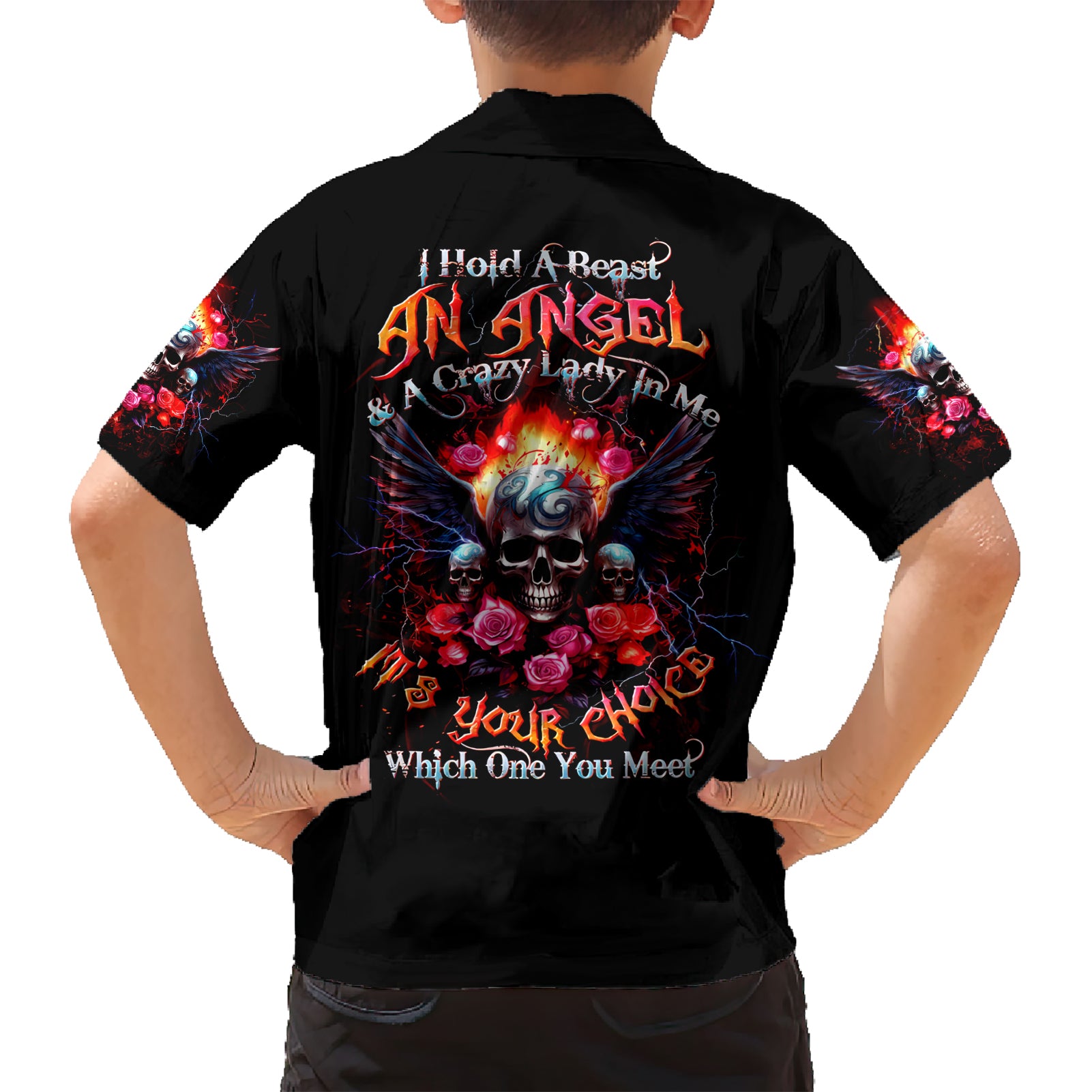 Rose Skull Kid Hawaiian Shirt I Hold A Beast A Angel And A Crazy Lady In Me - Wonder Print Shop