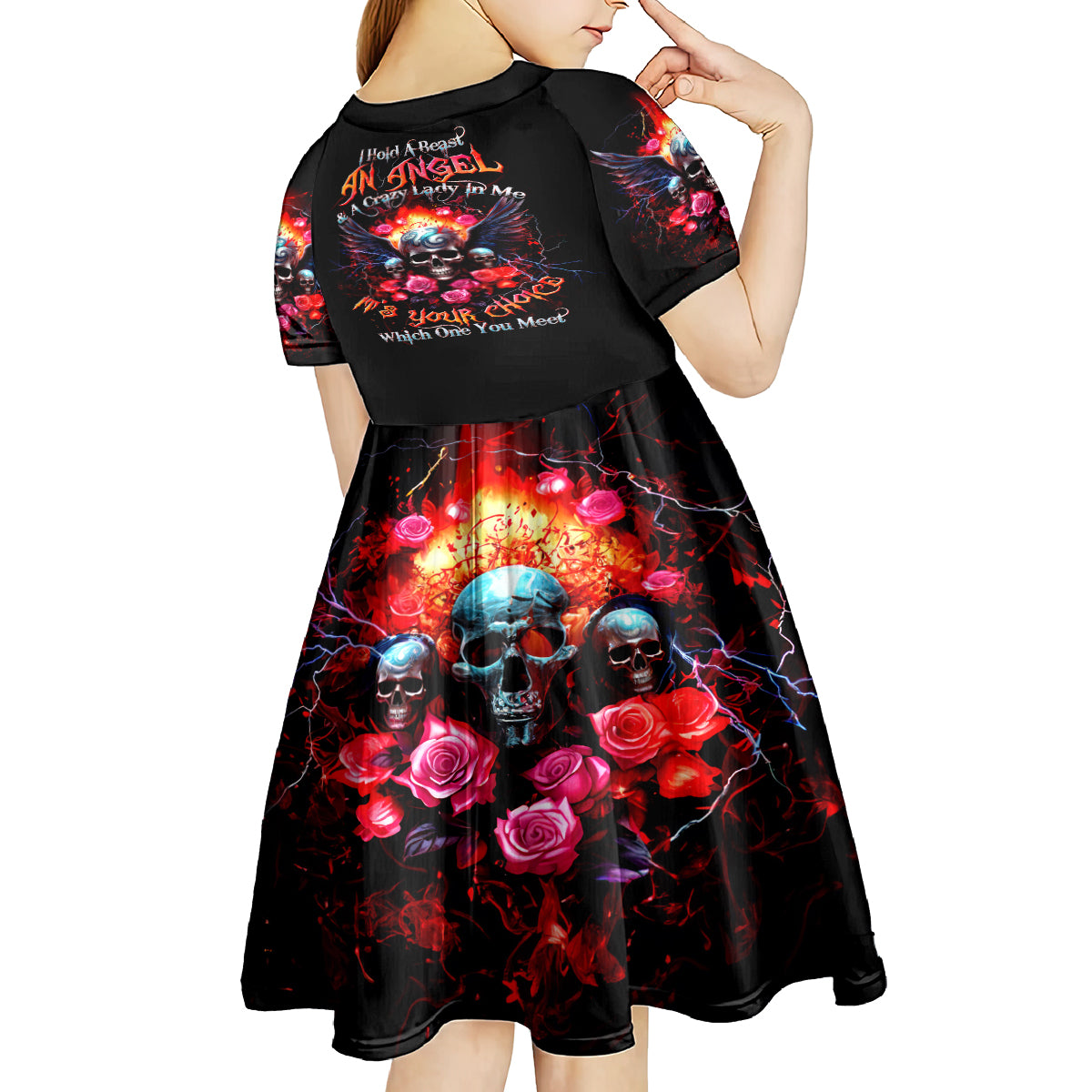 Rose Skull Kid Short Sleeve Dress I Hold A Beast A Angel And A Crazy Lady In Me - Wonder Print Shop