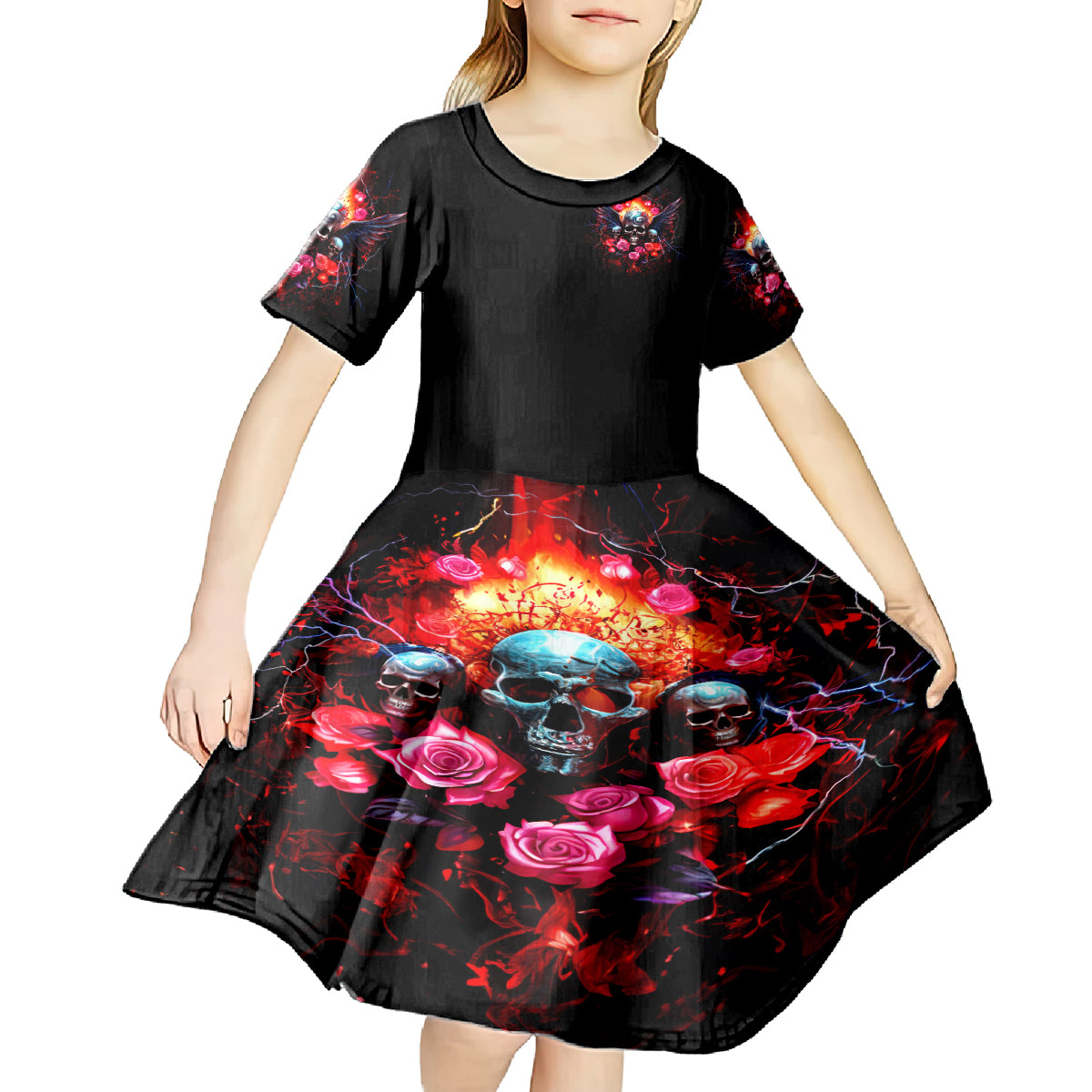 Rose Skull Kid Short Sleeve Dress I Hold A Beast A Angel And A Crazy Lady In Me - Wonder Print Shop
