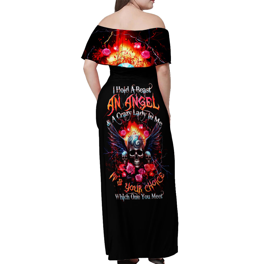 Rose Skull Off Shoulder Maxi Dress I Hold A Beast A Angel And A Crazy Lady In Me - Wonder Print Shop