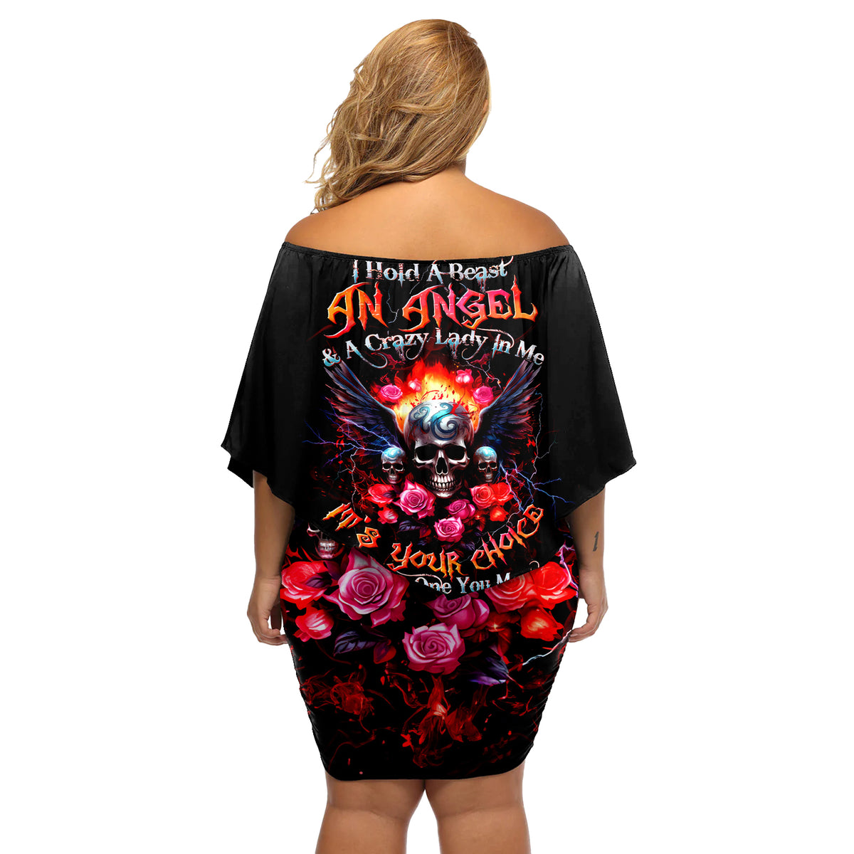 Rose Skull Off Shoulder Short Dress I Hold A Beast A Angel And A Crazy Lady In Me - Wonder Print Shop