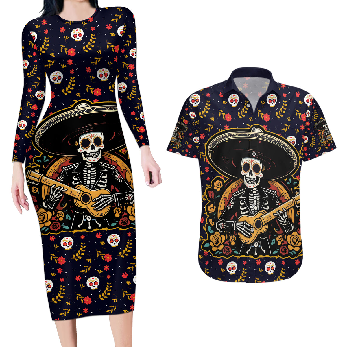 Day of Dead Skull Couples Matching Long Sleeve Bodycon Dress and Hawaiian Shirt Sugar Skull Musican - Wonder Print Shop