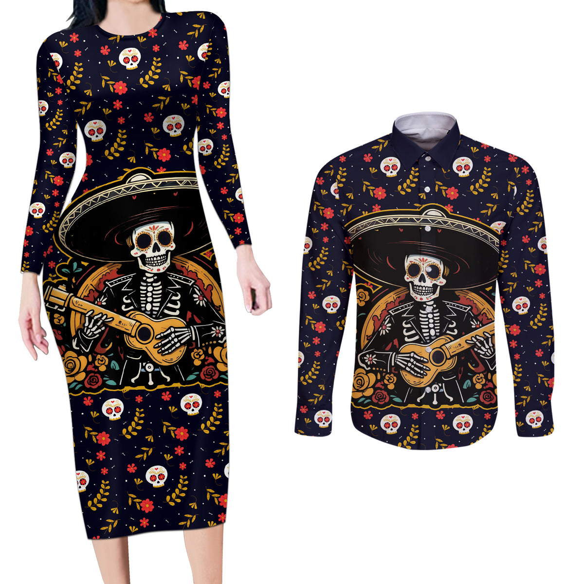 Day of Dead Skull Couples Matching Long Sleeve Bodycon Dress and Long Sleeve Button Shirt Sugar Skull Musican - Wonder Print Shop