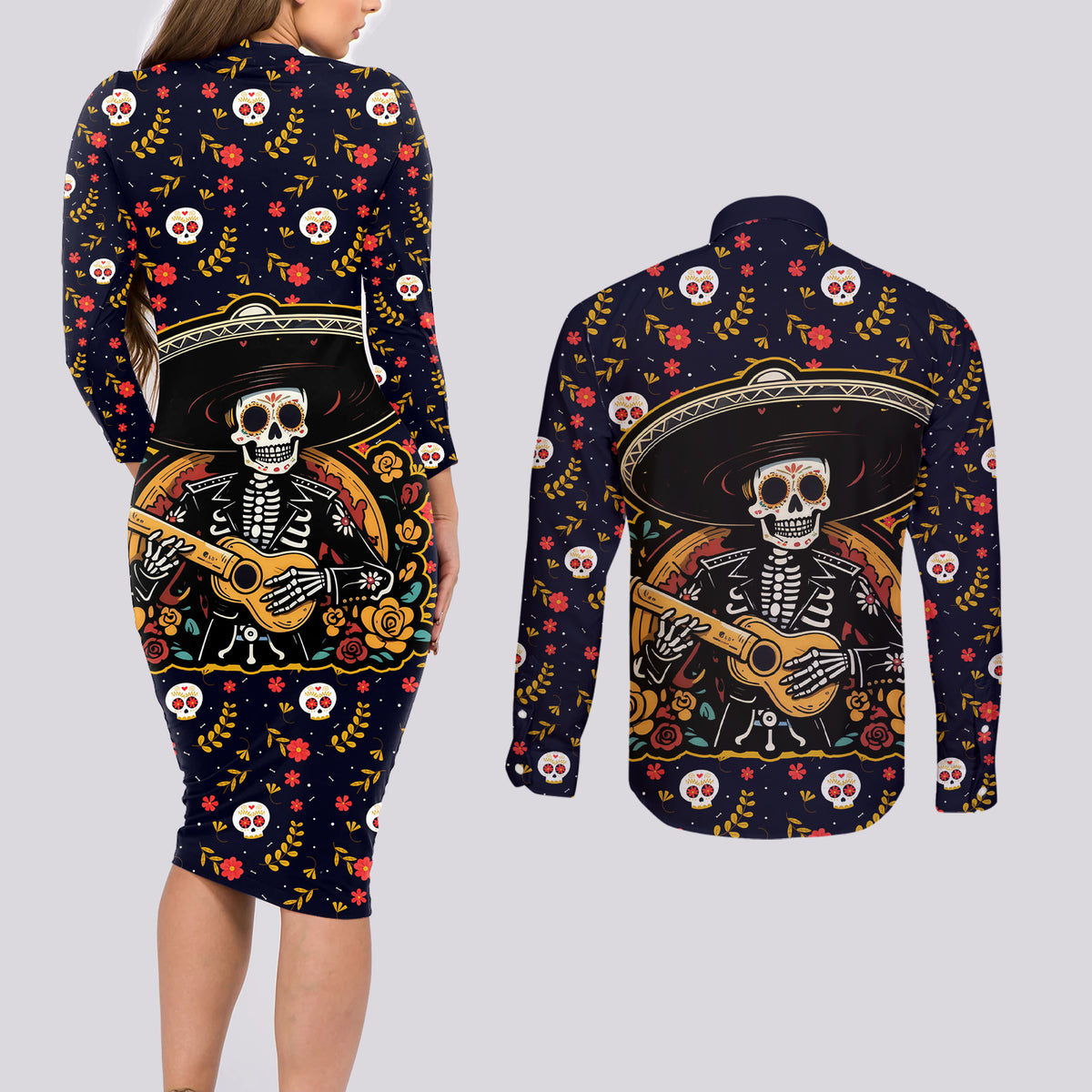 Day of Dead Skull Couples Matching Long Sleeve Bodycon Dress and Long Sleeve Button Shirt Sugar Skull Musican - Wonder Print Shop