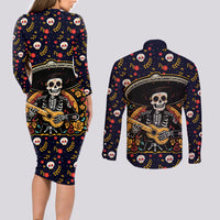 Day of Dead Skull Couples Matching Long Sleeve Bodycon Dress and Long Sleeve Button Shirt Sugar Skull Musican - Wonder Print Shop
