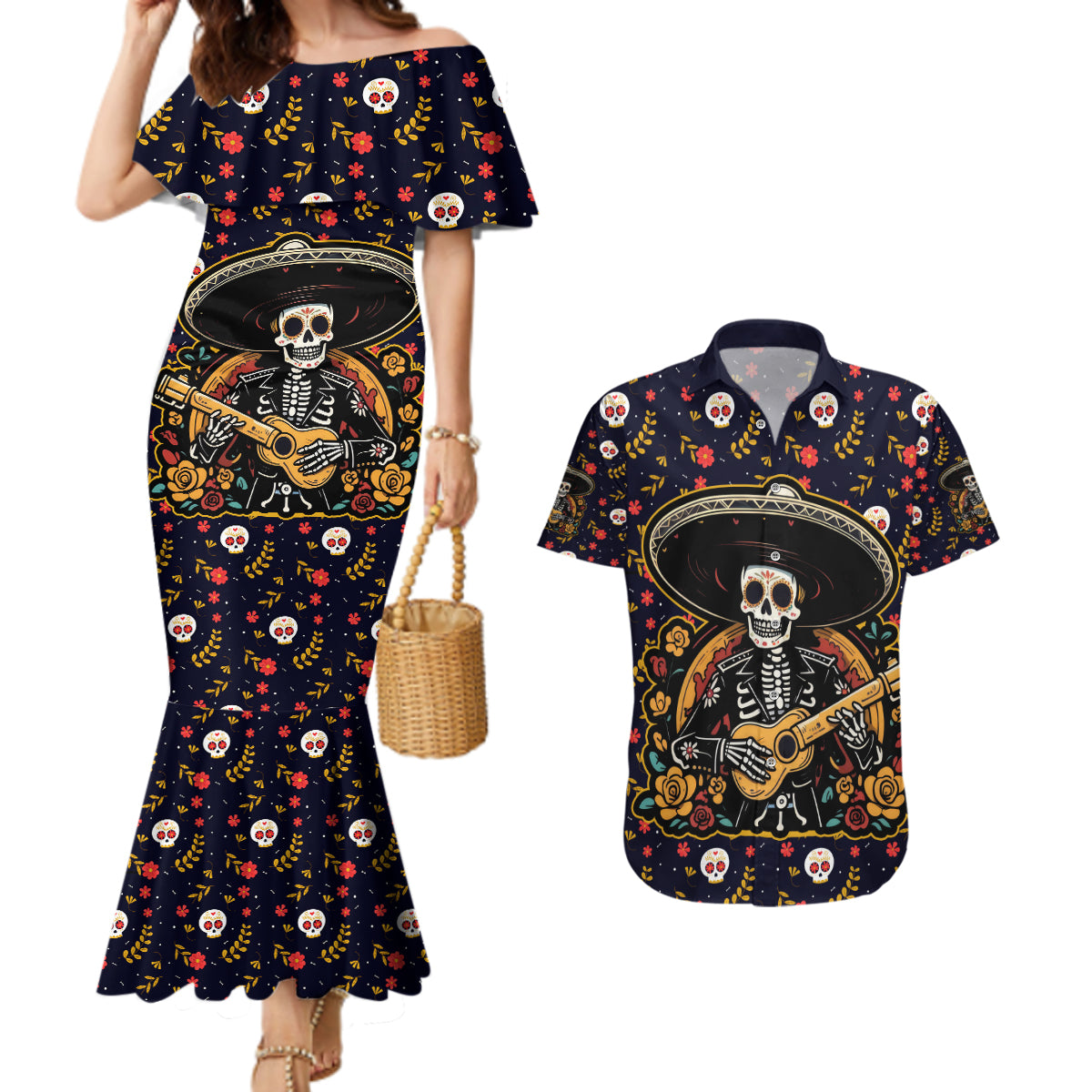 Day of Dead Skull Couples Matching Mermaid Dress and Hawaiian Shirt Sugar Skull Musican - Wonder Print Shop