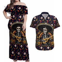 Day of Dead Skull Couples Matching Off Shoulder Maxi Dress and Hawaiian Shirt Sugar Skull Musican - Wonder Print Shop