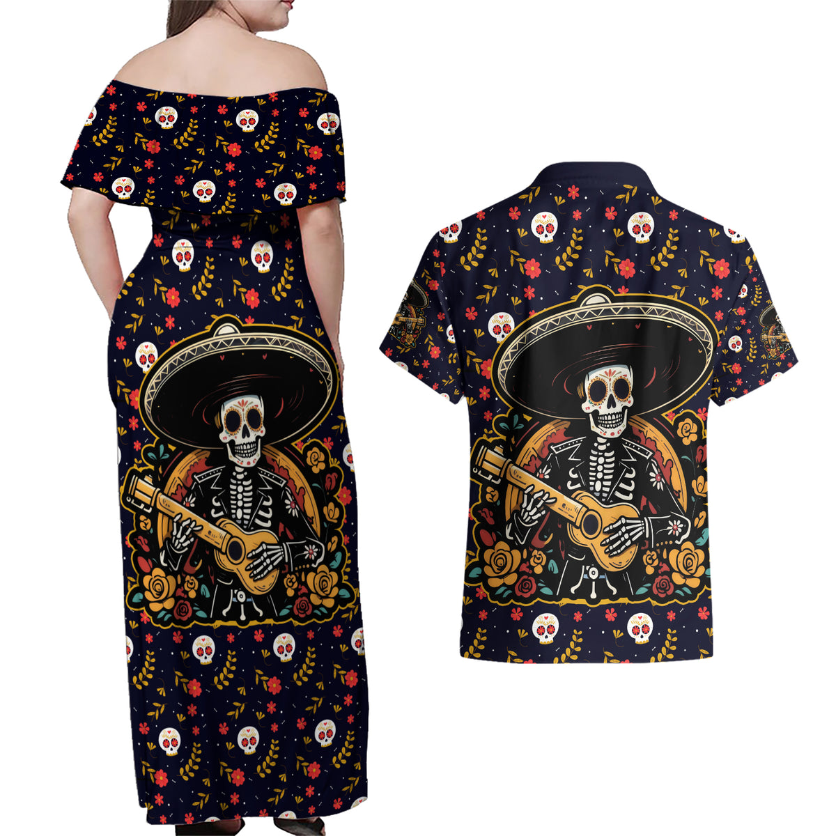 Day of Dead Skull Couples Matching Off Shoulder Maxi Dress and Hawaiian Shirt Sugar Skull Musican - Wonder Print Shop