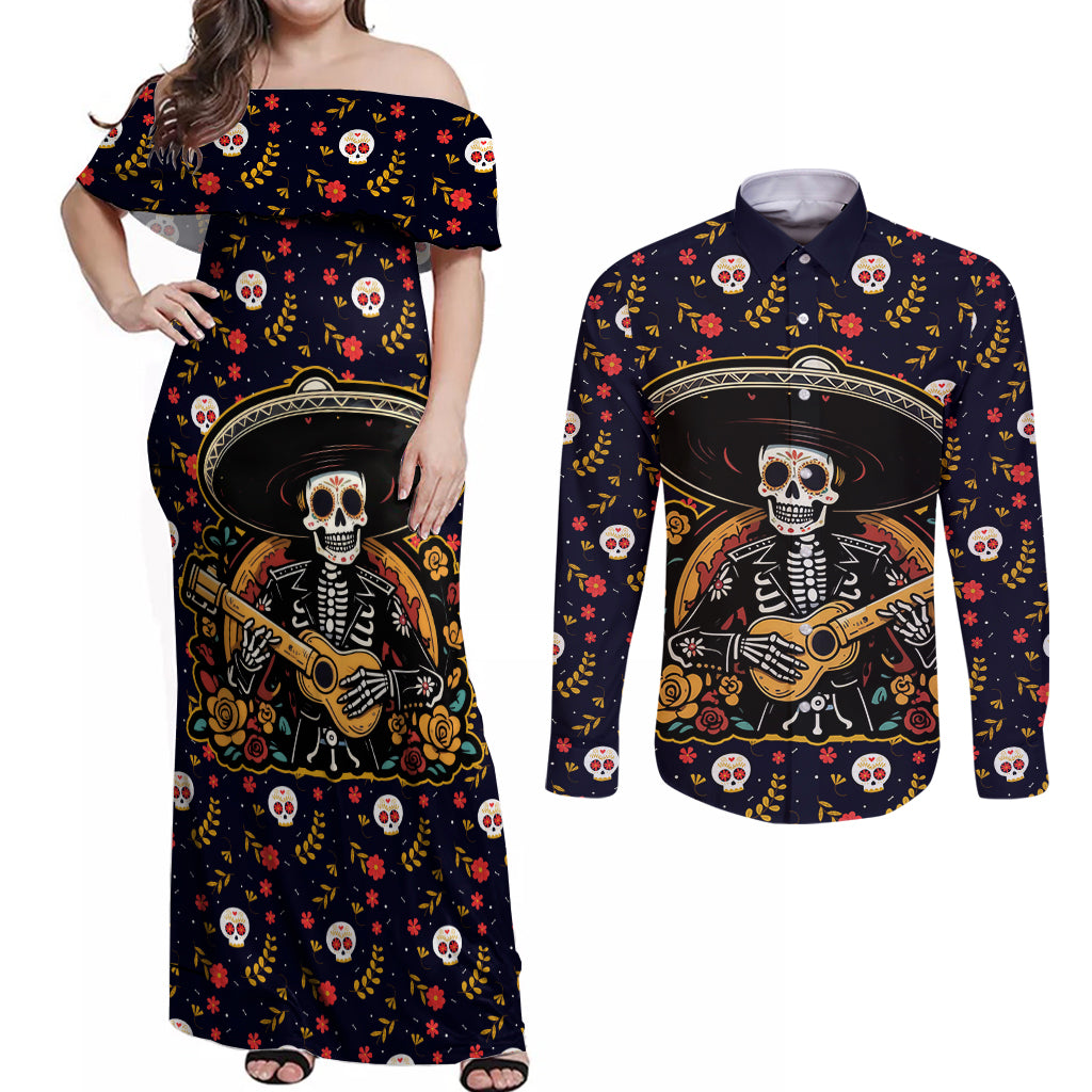 Day of Dead Skull Couples Matching Off Shoulder Maxi Dress and Long Sleeve Button Shirt Sugar Skull Musican - Wonder Print Shop