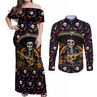Day of Dead Skull Couples Matching Off Shoulder Maxi Dress and Long Sleeve Button Shirt Sugar Skull Musican - Wonder Print Shop