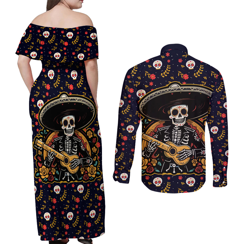 Day of Dead Skull Couples Matching Off Shoulder Maxi Dress and Long Sleeve Button Shirt Sugar Skull Musican - Wonder Print Shop