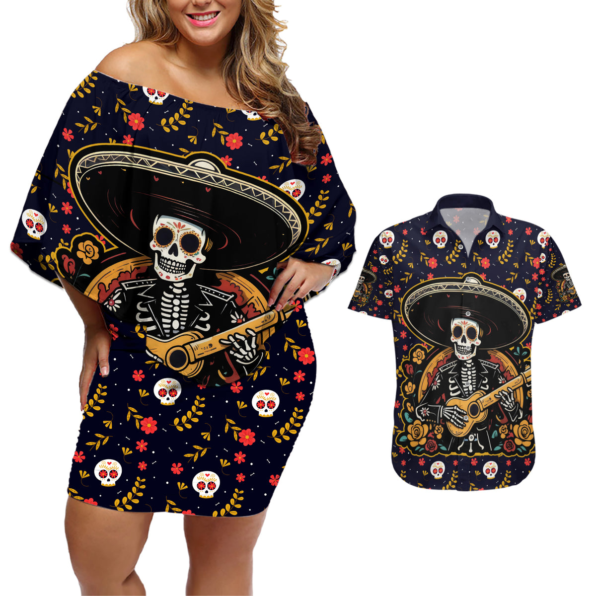 Day of Dead Skull Couples Matching Off Shoulder Short Dress and Hawaiian Shirt Sugar Skull Musican - Wonder Print Shop