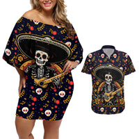 Day of Dead Skull Couples Matching Off Shoulder Short Dress and Hawaiian Shirt Sugar Skull Musican - Wonder Print Shop