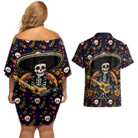 Day of Dead Skull Couples Matching Off Shoulder Short Dress and Hawaiian Shirt Sugar Skull Musican - Wonder Print Shop