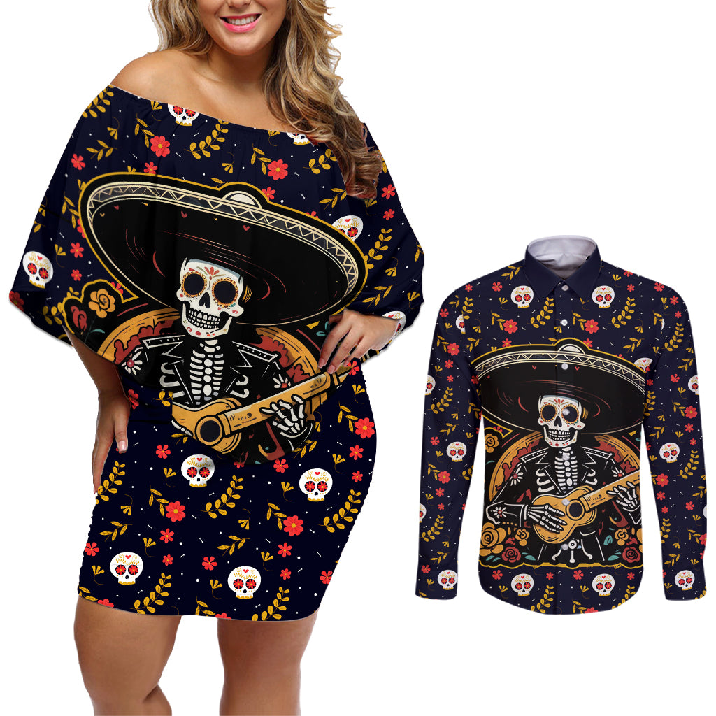 Day of Dead Skull Couples Matching Off Shoulder Short Dress and Long Sleeve Button Shirt Sugar Skull Musican - Wonder Print Shop