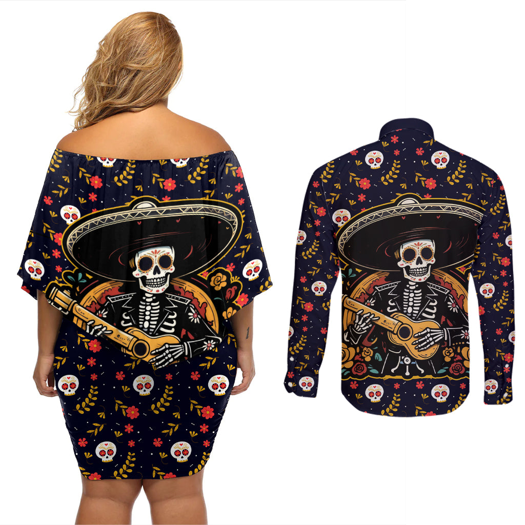 Day of Dead Skull Couples Matching Off Shoulder Short Dress and Long Sleeve Button Shirt Sugar Skull Musican - Wonder Print Shop