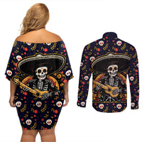 Day of Dead Skull Couples Matching Off Shoulder Short Dress and Long Sleeve Button Shirt Sugar Skull Musican - Wonder Print Shop