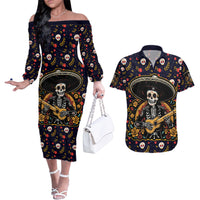 Day of Dead Skull Couples Matching Off The Shoulder Long Sleeve Dress and Hawaiian Shirt Sugar Skull Musican - Wonder Print Shop
