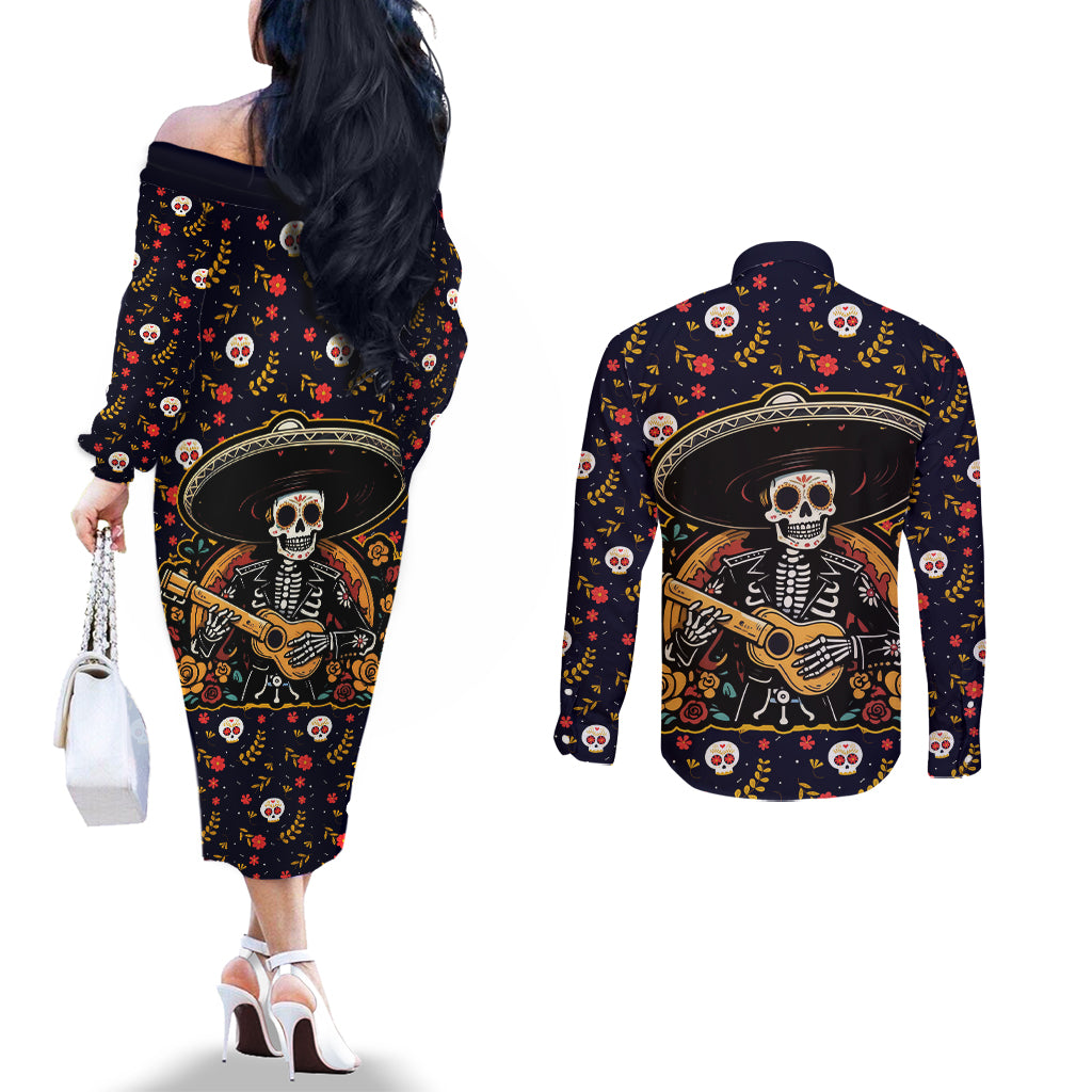 day-of-dead-skull-couples-matching-off-the-shoulder-long-sleeve-dress-and-long-sleeve-button-shirt-sugar-skull-musican