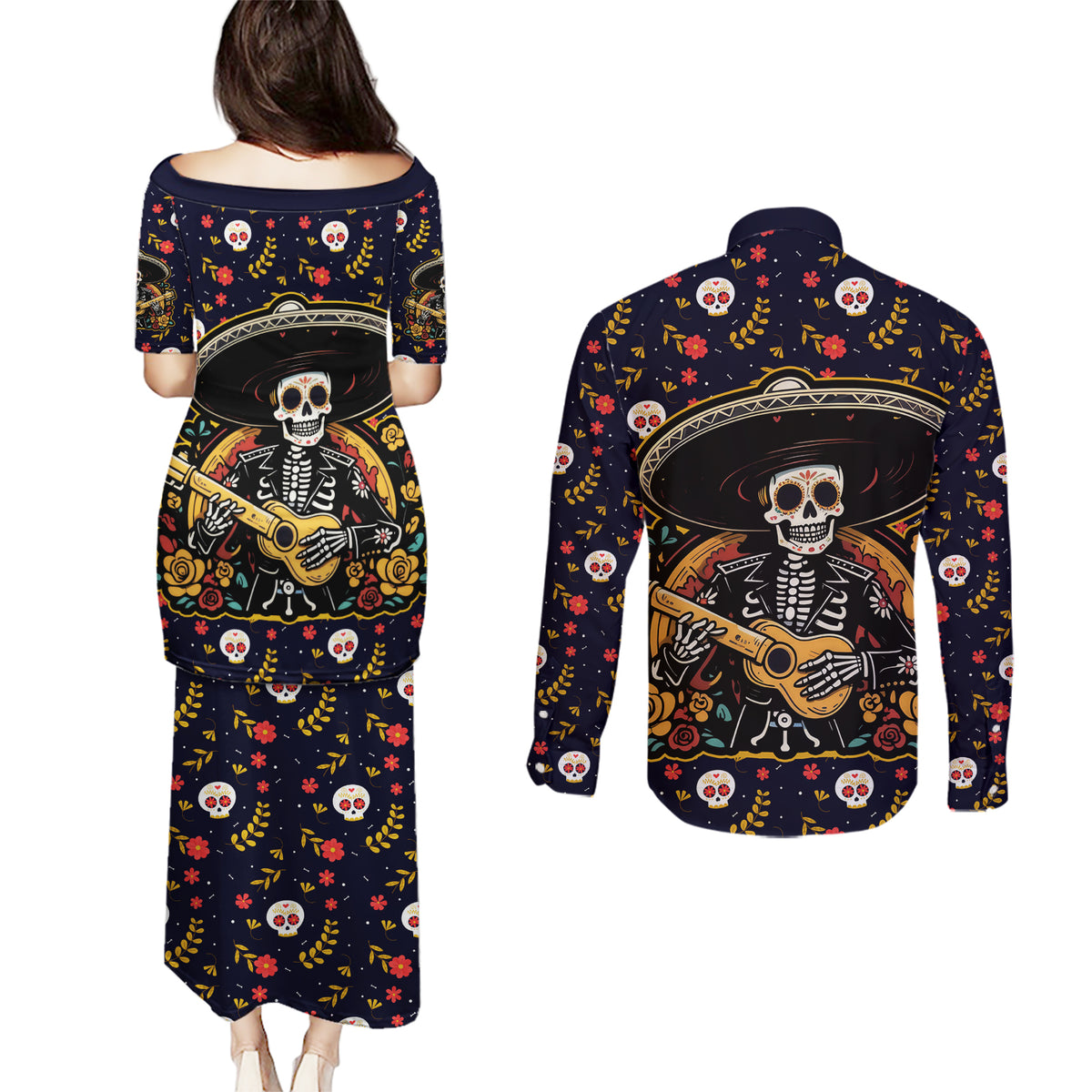 Day of Dead Skull Couples Matching Puletasi Dress and Long Sleeve Button Shirt Sugar Skull Musican - Wonder Print Shop