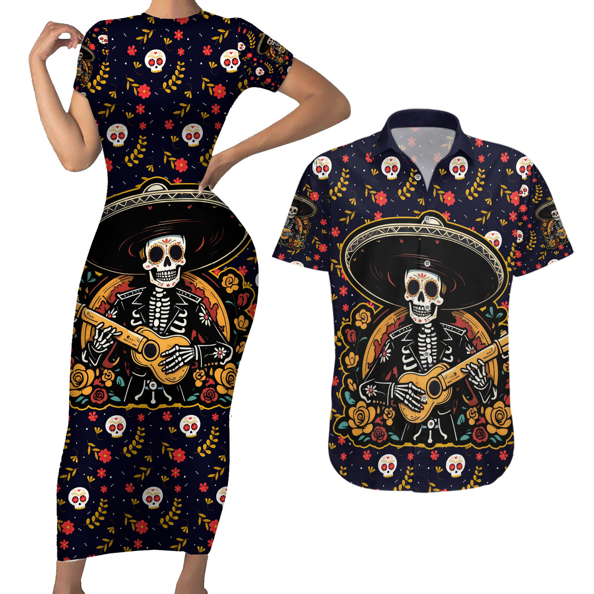 Day of Dead Skull Couples Matching Short Sleeve Bodycon Dress and Hawaiian Shirt Sugar Skull Musican - Wonder Print Shop