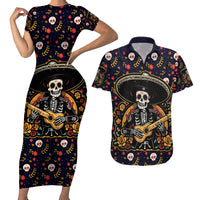 Day of Dead Skull Couples Matching Short Sleeve Bodycon Dress and Hawaiian Shirt Sugar Skull Musican - Wonder Print Shop