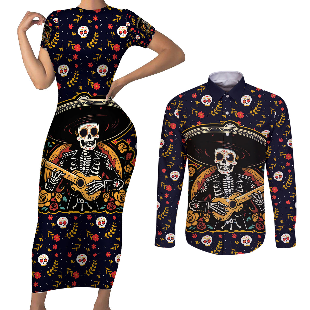 Day of Dead Skull Couples Matching Short Sleeve Bodycon Dress and Long Sleeve Button Shirt Sugar Skull Musican - Wonder Print Shop