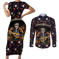 Day of Dead Skull Couples Matching Short Sleeve Bodycon Dress and Long Sleeve Button Shirt Sugar Skull Musican - Wonder Print Shop