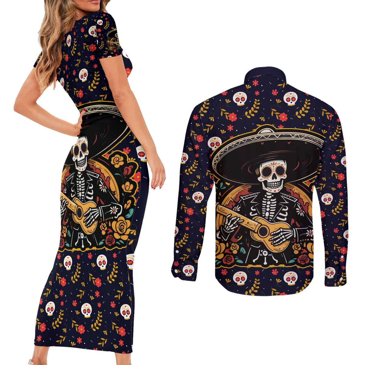 Day of Dead Skull Couples Matching Short Sleeve Bodycon Dress and Long Sleeve Button Shirt Sugar Skull Musican - Wonder Print Shop