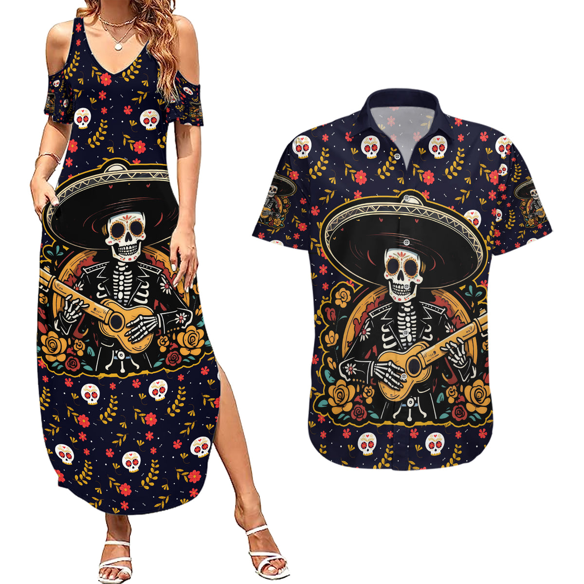 Day of Dead Skull Couples Matching Summer Maxi Dress and Hawaiian Shirt Sugar Skull Musican - Wonder Print Shop