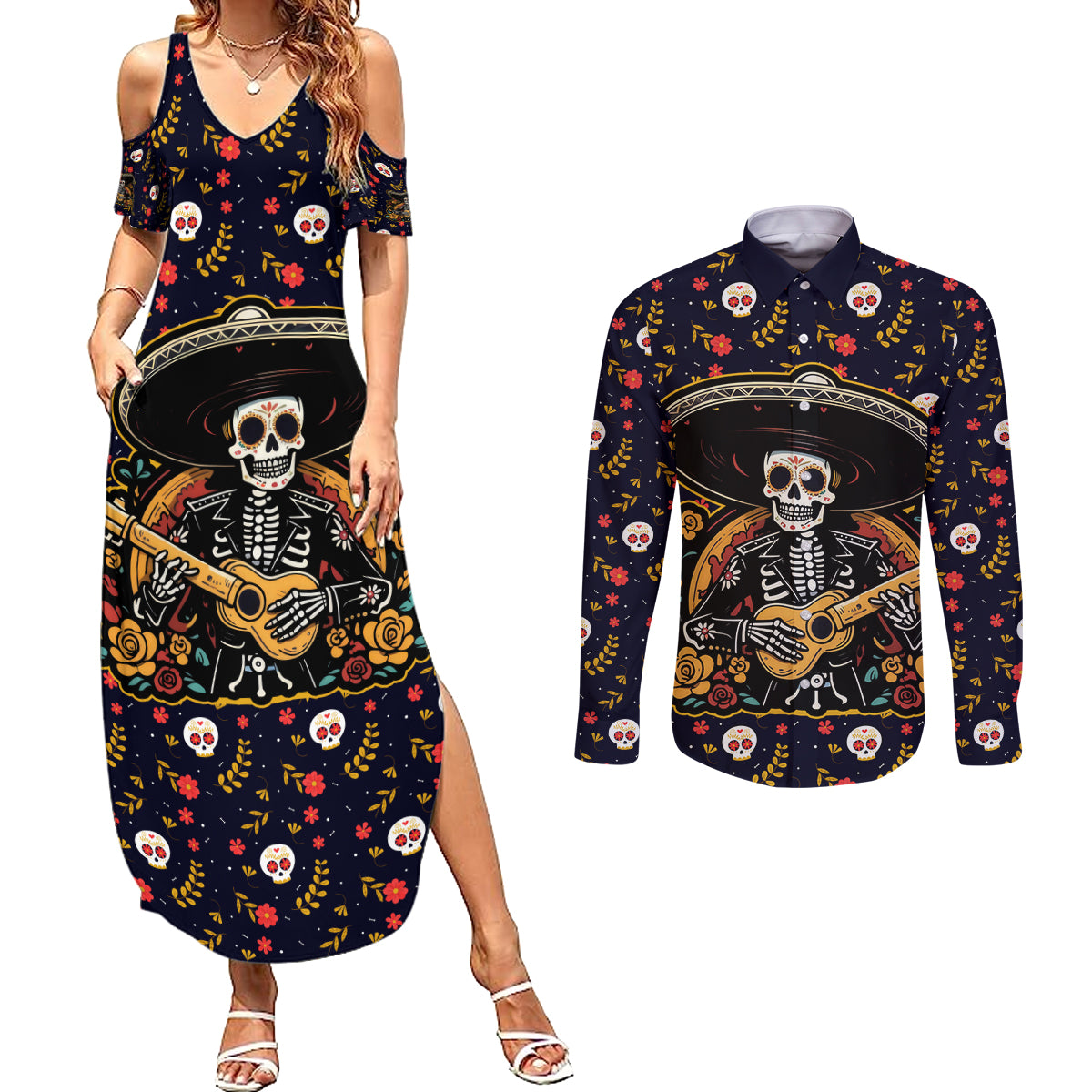 Day of Dead Skull Couples Matching Summer Maxi Dress and Long Sleeve Button Shirt Sugar Skull Musican - Wonder Print Shop