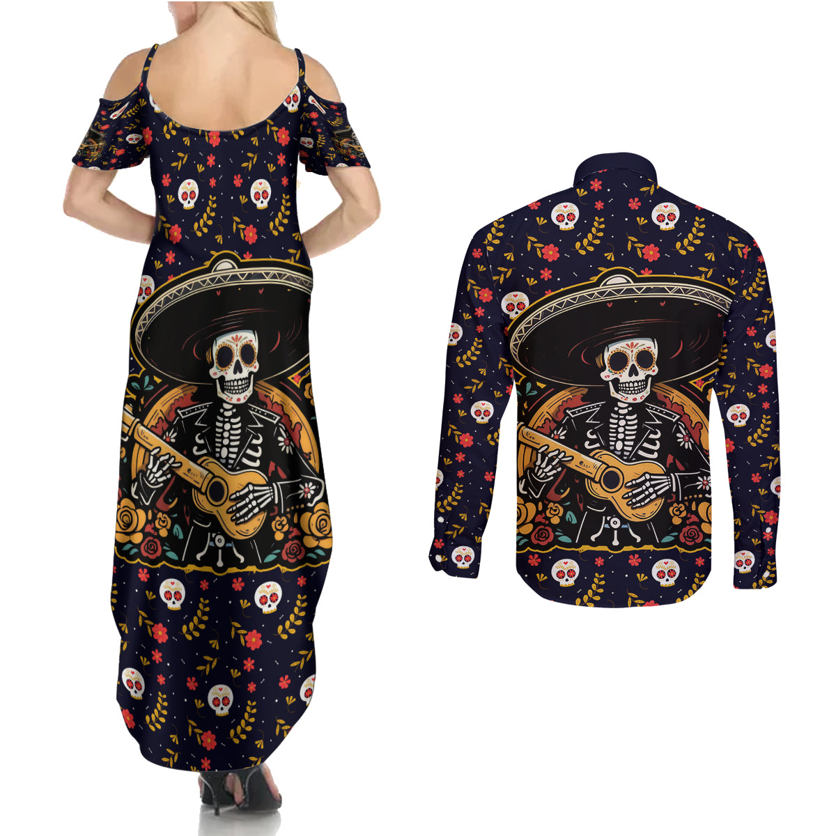 Day of Dead Skull Couples Matching Summer Maxi Dress and Long Sleeve Button Shirt Sugar Skull Musican - Wonder Print Shop