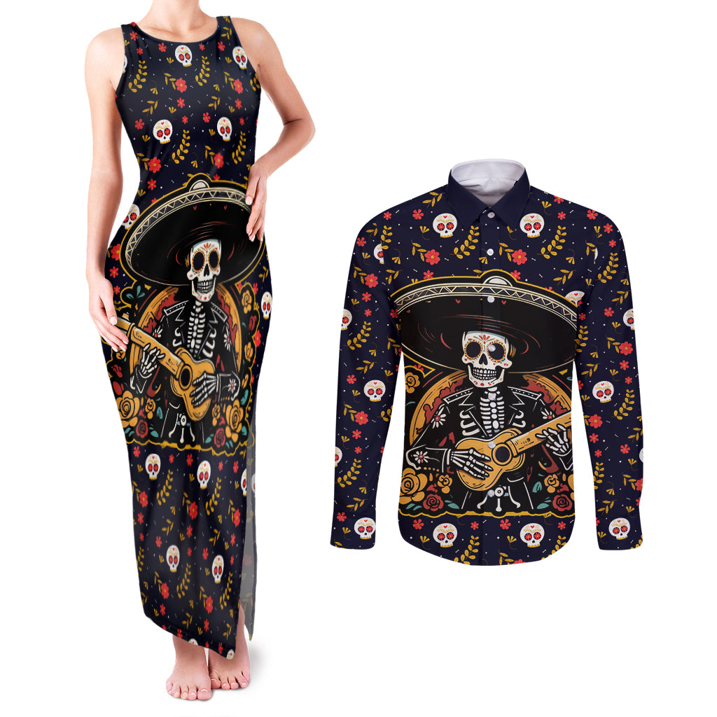 Day of Dead Skull Couples Matching Tank Maxi Dress and Long Sleeve Button Shirt Sugar Skull Musican - Wonder Print Shop