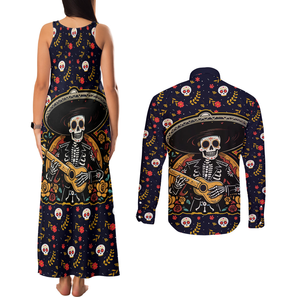 Day of Dead Skull Couples Matching Tank Maxi Dress and Long Sleeve Button Shirt Sugar Skull Musican - Wonder Print Shop