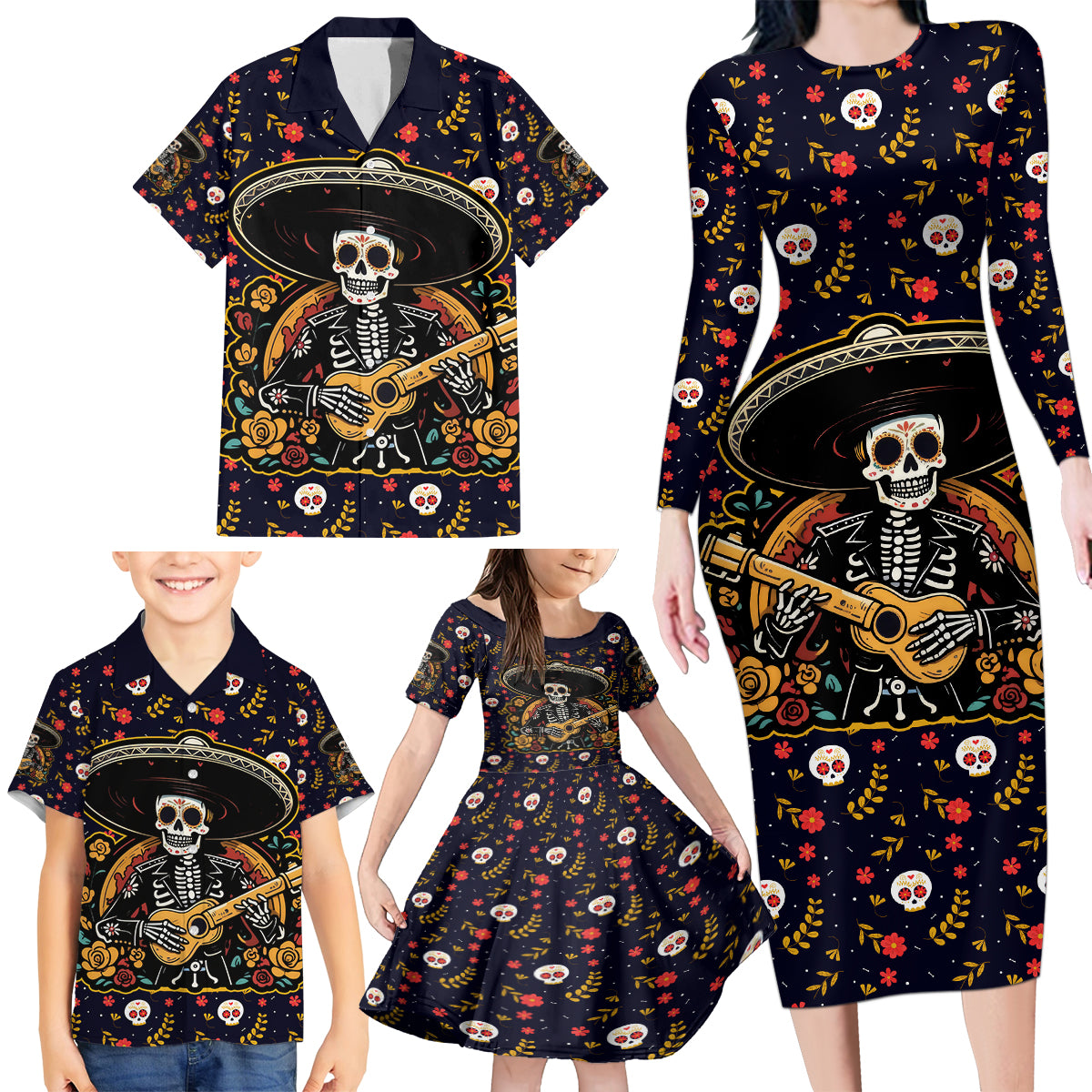 Day of Dead Skull Family Matching Long Sleeve Bodycon Dress and Hawaiian Shirt Sugar Skull Musican - Wonder Print Shop