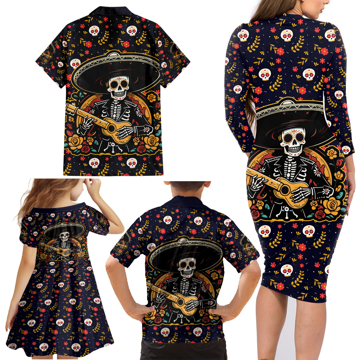 Day of Dead Skull Family Matching Long Sleeve Bodycon Dress and Hawaiian Shirt Sugar Skull Musican - Wonder Print Shop