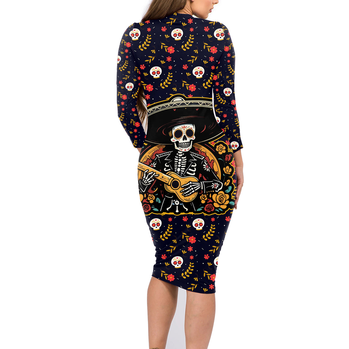 Day of Dead Skull Family Matching Long Sleeve Bodycon Dress and Hawaiian Shirt Sugar Skull Musican - Wonder Print Shop