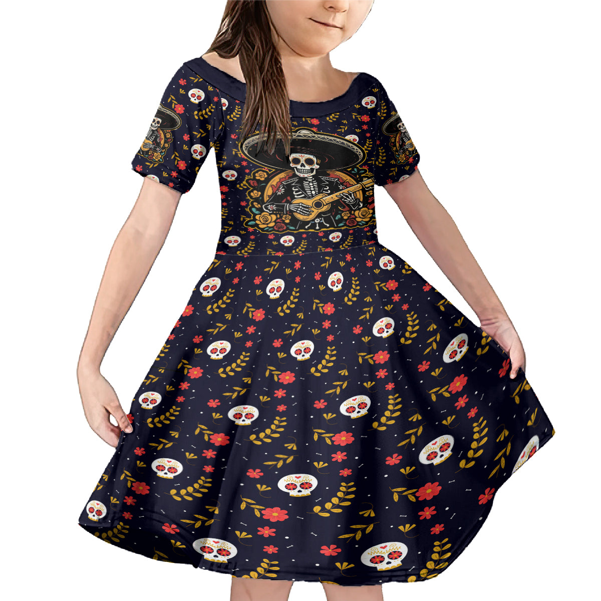 Day of Dead Skull Family Matching Mermaid Dress and Hawaiian Shirt Sugar Skull Musican - Wonder Print Shop