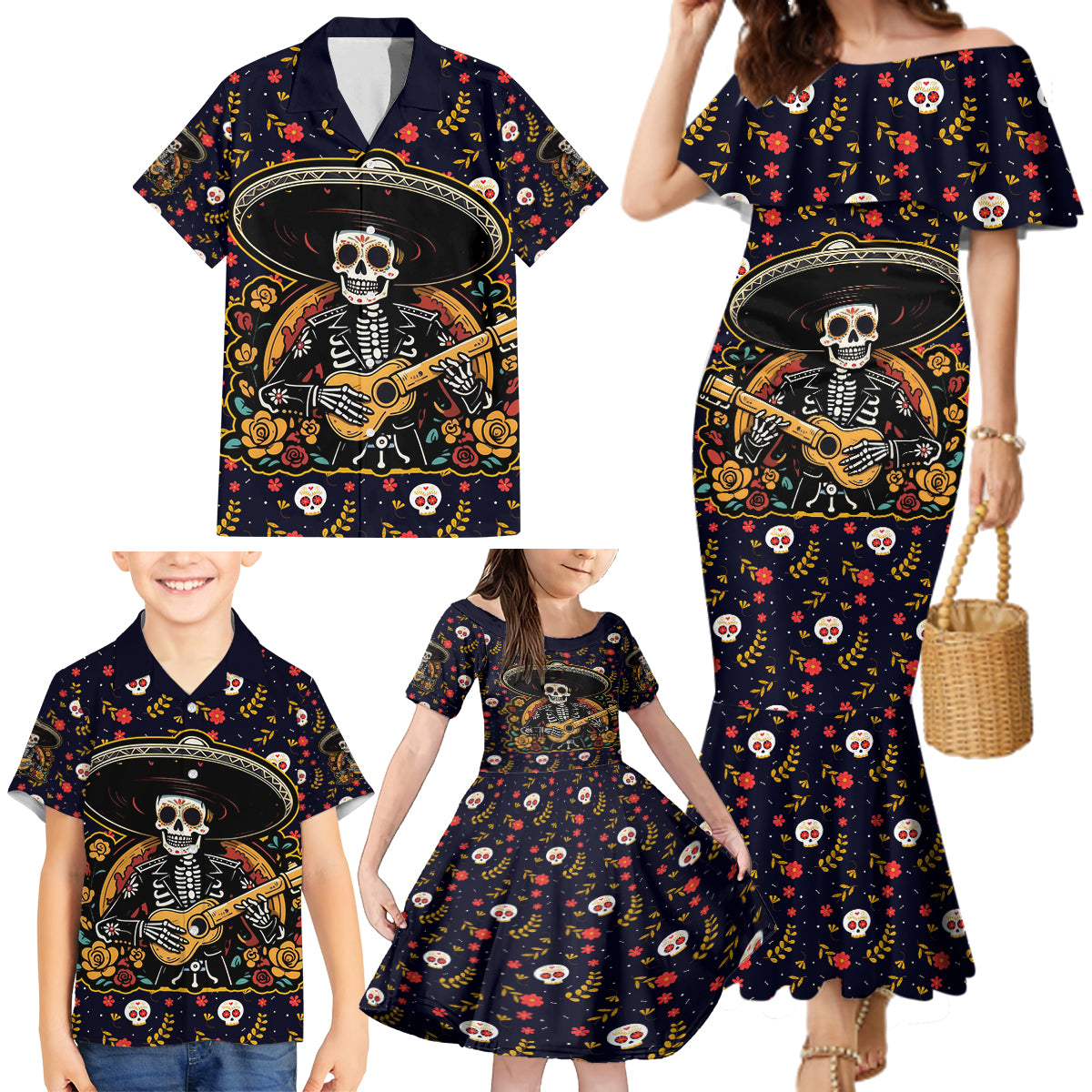 Day of Dead Skull Family Matching Mermaid Dress and Hawaiian Shirt Sugar Skull Musican - Wonder Print Shop