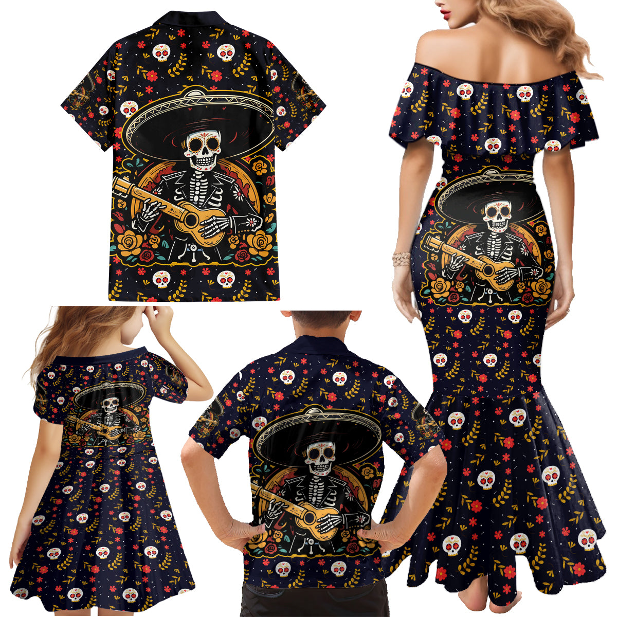 Day of Dead Skull Family Matching Mermaid Dress and Hawaiian Shirt Sugar Skull Musican - Wonder Print Shop
