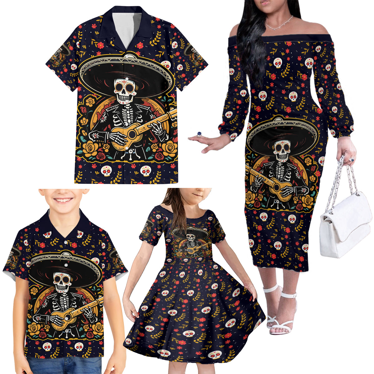 Day of Dead Skull Family Matching Off Shoulder Long Sleeve Dress and Hawaiian Shirt Sugar Skull Musican - Wonder Print Shop