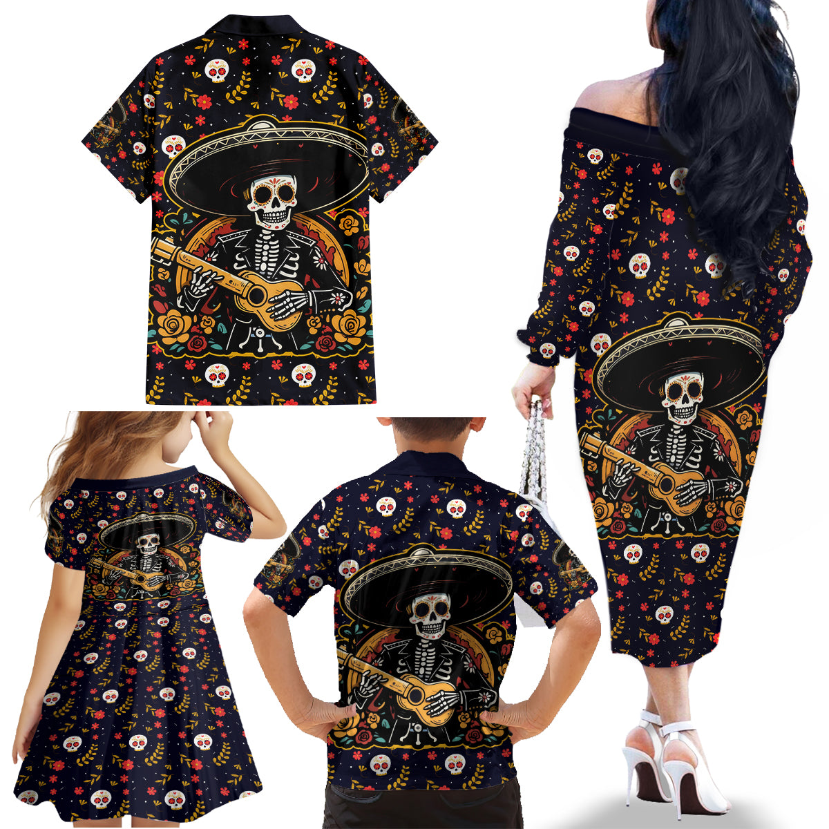 Day of Dead Skull Family Matching Off Shoulder Long Sleeve Dress and Hawaiian Shirt Sugar Skull Musican - Wonder Print Shop