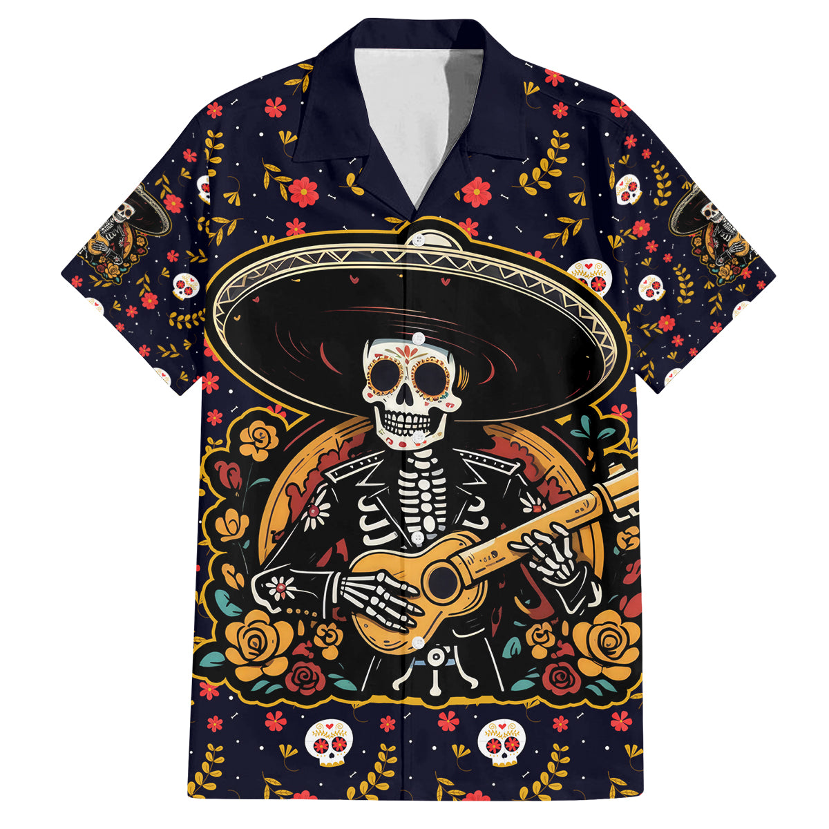 Day of Dead Skull Family Matching Off Shoulder Long Sleeve Dress and Hawaiian Shirt Sugar Skull Musican - Wonder Print Shop