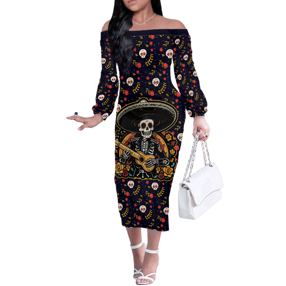 Day of Dead Skull Family Matching Off Shoulder Long Sleeve Dress and Hawaiian Shirt Sugar Skull Musican - Wonder Print Shop