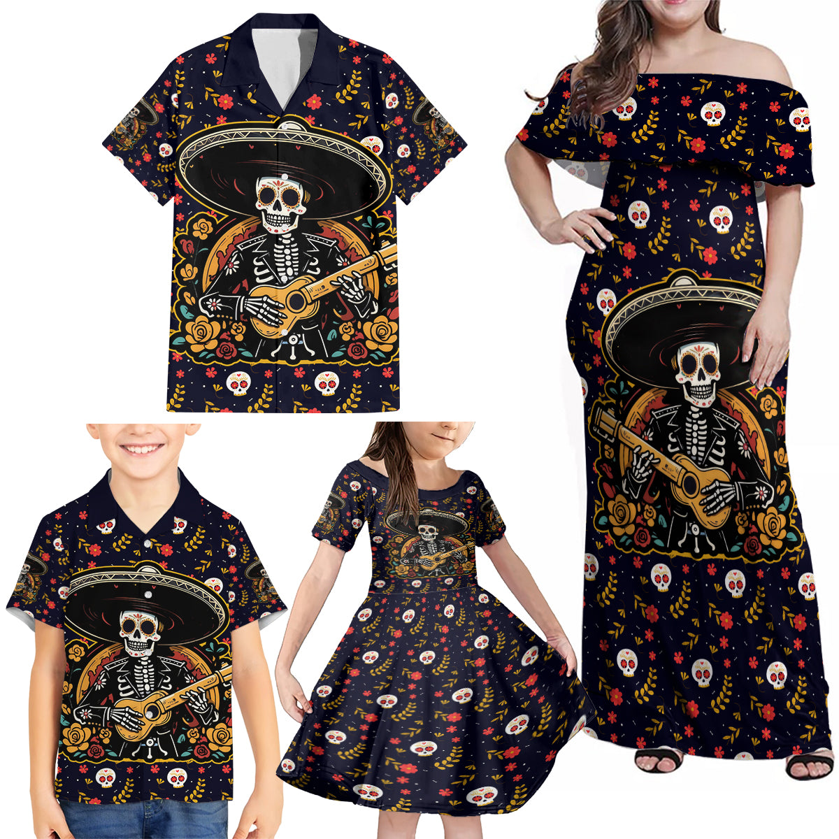 Day of Dead Skull Family Matching Off Shoulder Maxi Dress and Hawaiian Shirt Sugar Skull Musican - Wonder Print Shop
