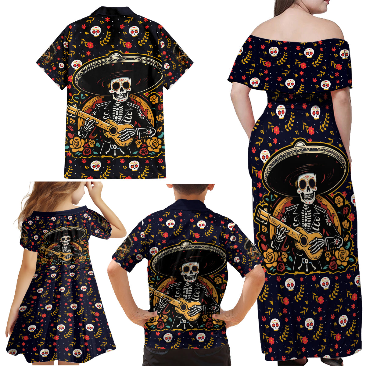 Day of Dead Skull Family Matching Off Shoulder Maxi Dress and Hawaiian Shirt Sugar Skull Musican - Wonder Print Shop