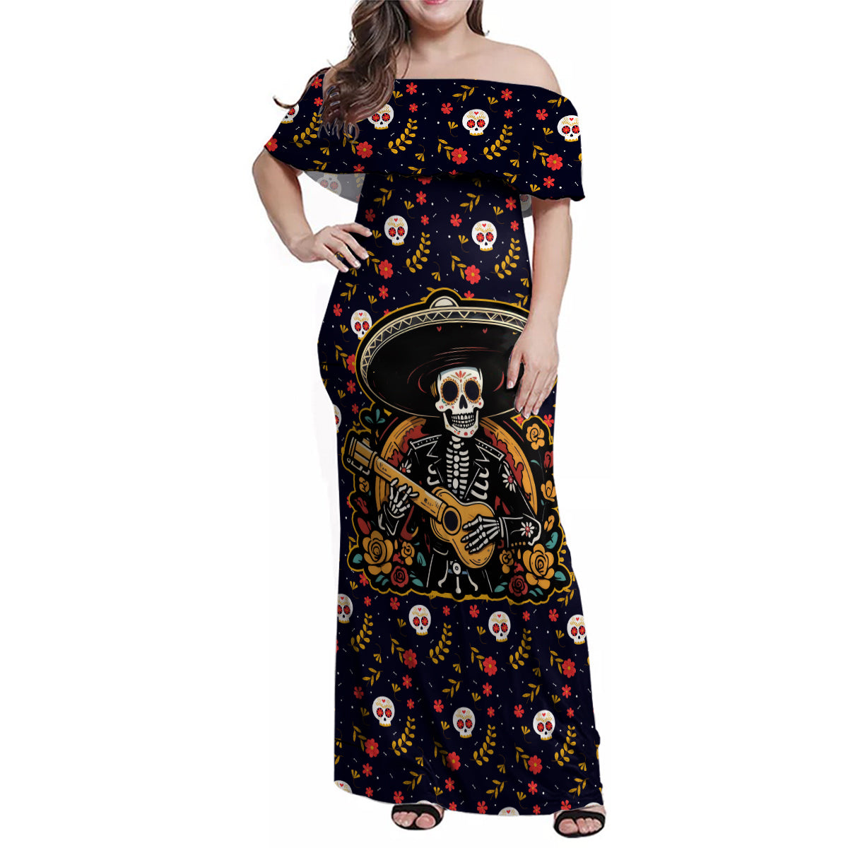 Day of Dead Skull Family Matching Off Shoulder Maxi Dress and Hawaiian Shirt Sugar Skull Musican - Wonder Print Shop
